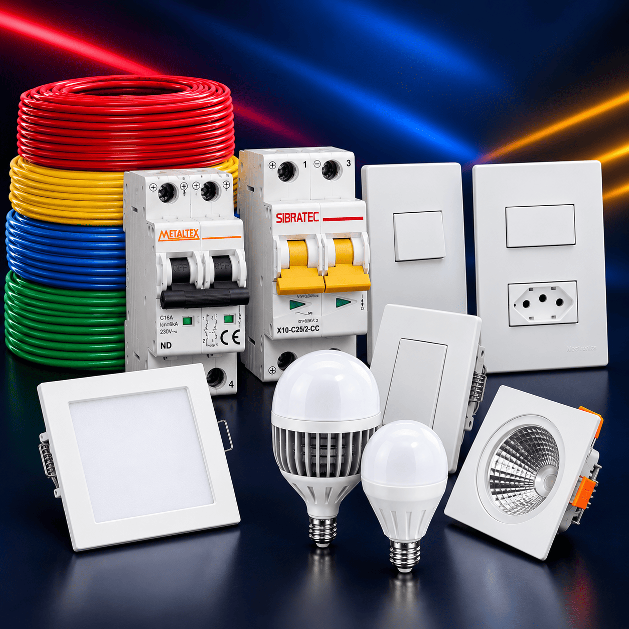 Fios e cabos, disjuntores, tomadas, interruptores, iluminação e componentes de automação